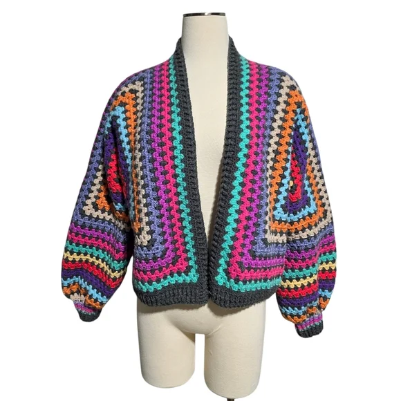 HANDMADE CROCHET OPEN FRONT GRANNY CARDIGAN SWEATER SZ M - Picture 2 of 9